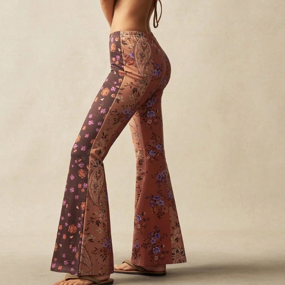 Boho Floral Print Stretchy Waist Color Block Bell Bottom Pants - Picture 2 of 6